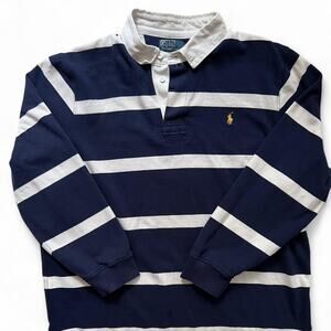 Vintage Polo Ralph Lauren Rugby Shirt Navy White Stripe XXL Long Sleeve Thick